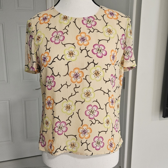 CHANEL Tops - CHANEL Cream Floral Short-Sleeve Blouse with Pink Orange Green Flowers